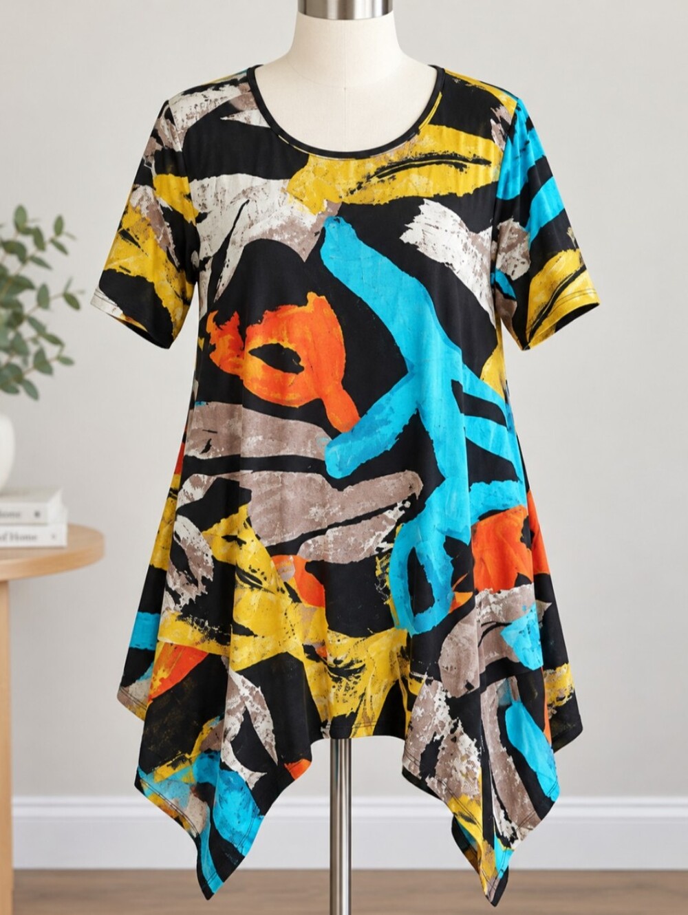 Women’s Abstract Art Print Handkerchief Hem Tunic Top Size M